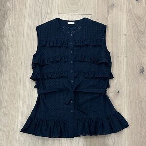 Alaia Navy Ruffled Button-Down Blouse Top Size 38 Prestine!